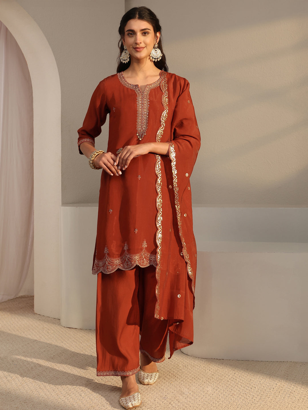  Rust Embroidered Chanderi Silk Straight Suit Set With Dupatta 