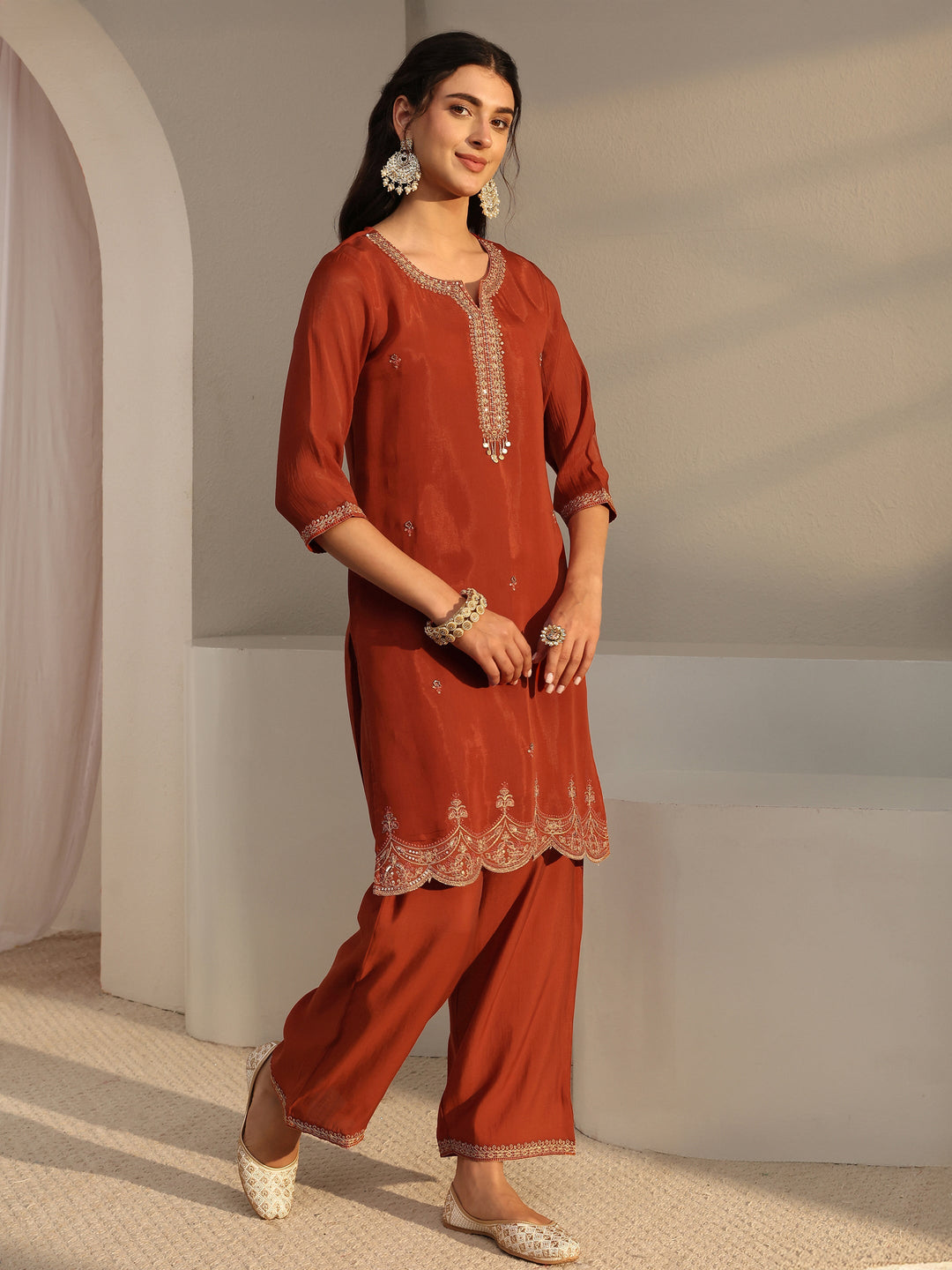  Rust Embroidered Chanderi Silk Straight Suit Set With Dupatta 