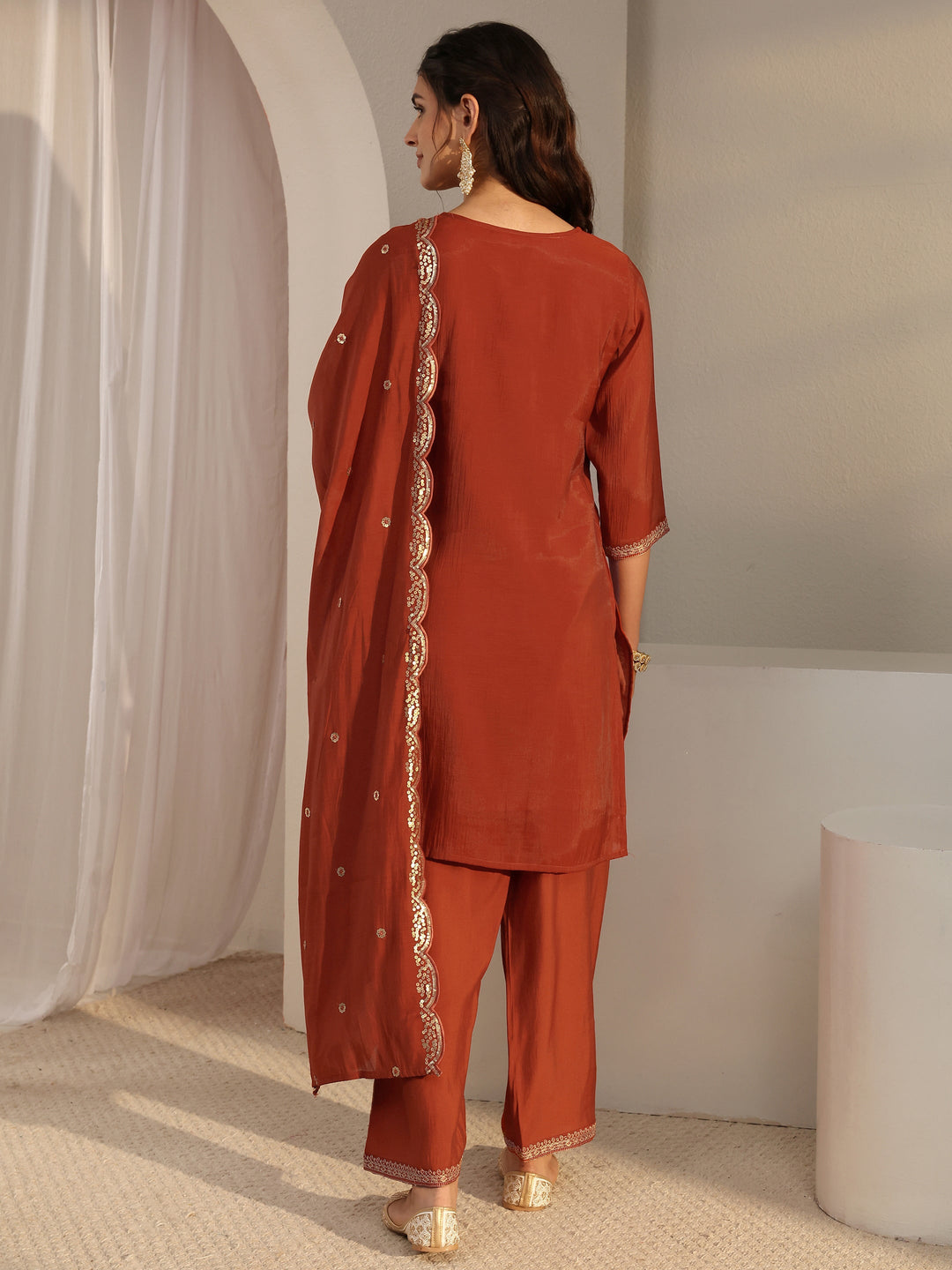  Rust Embroidered Chanderi Silk Straight Suit Set With Dupatta 