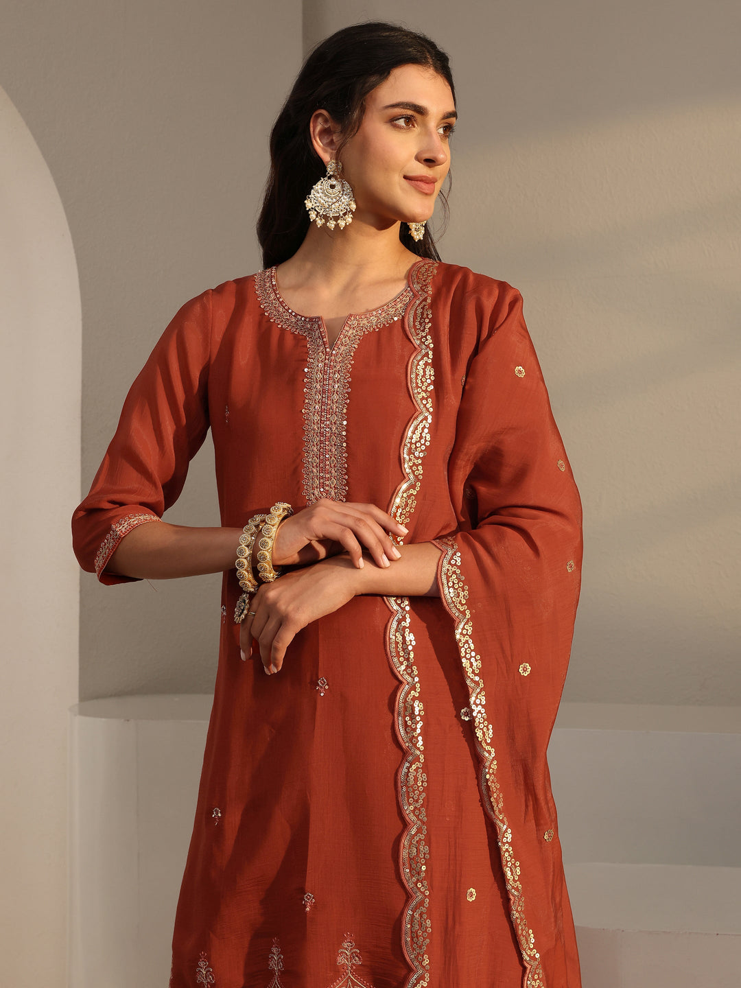  Rust Embroidered Chanderi Silk Straight Suit Set With Dupatta 