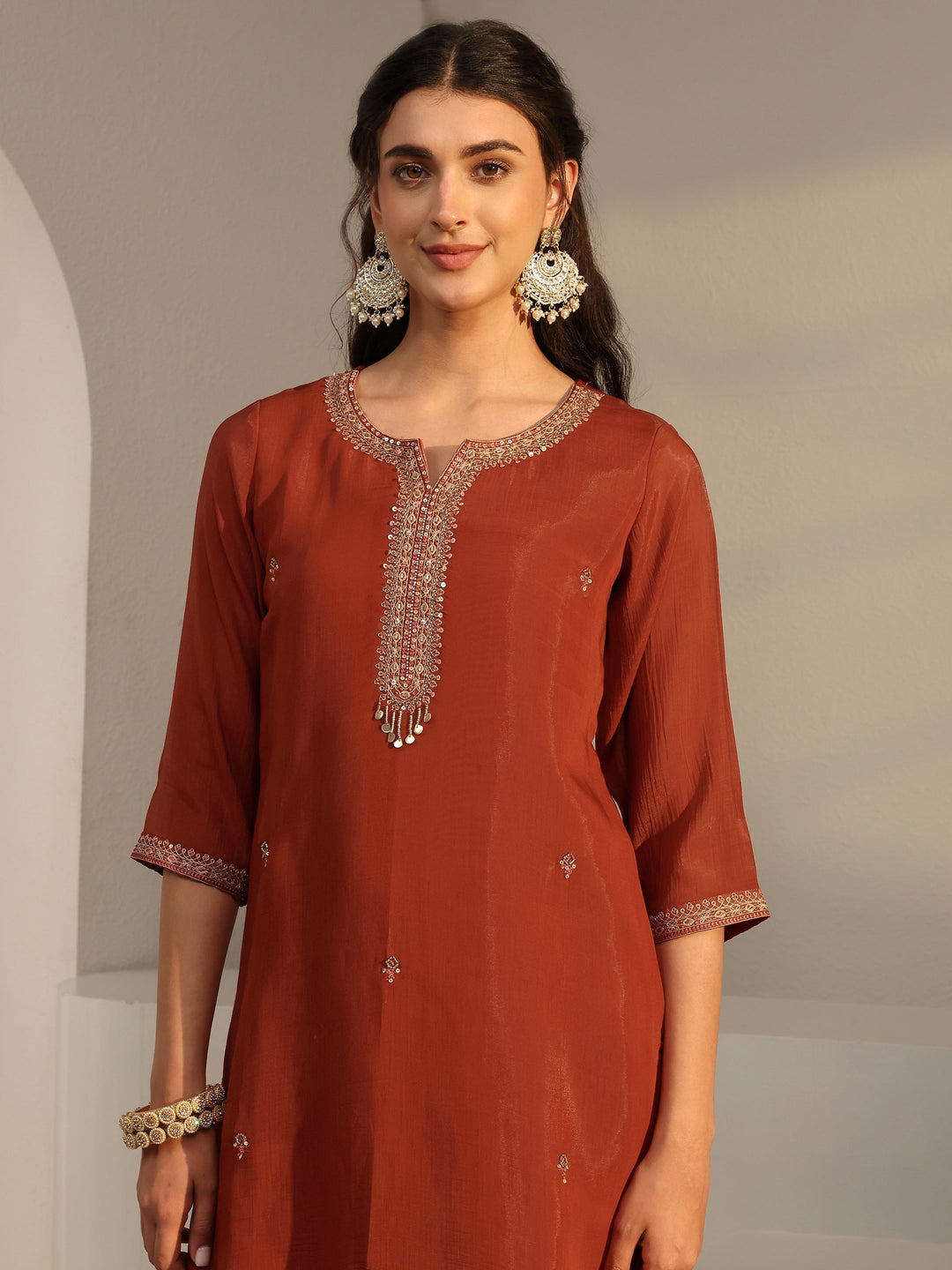  Rust Embroidered Chanderi Silk Straight Suit Set With Dupatta 