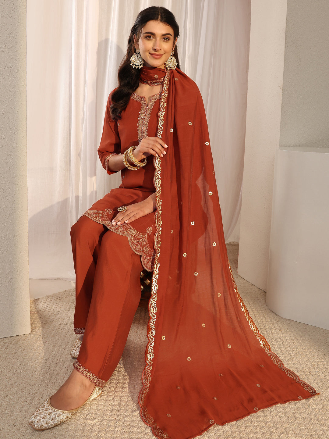  Rust Embroidered Chanderi Silk Straight Suit Set With Dupatta 