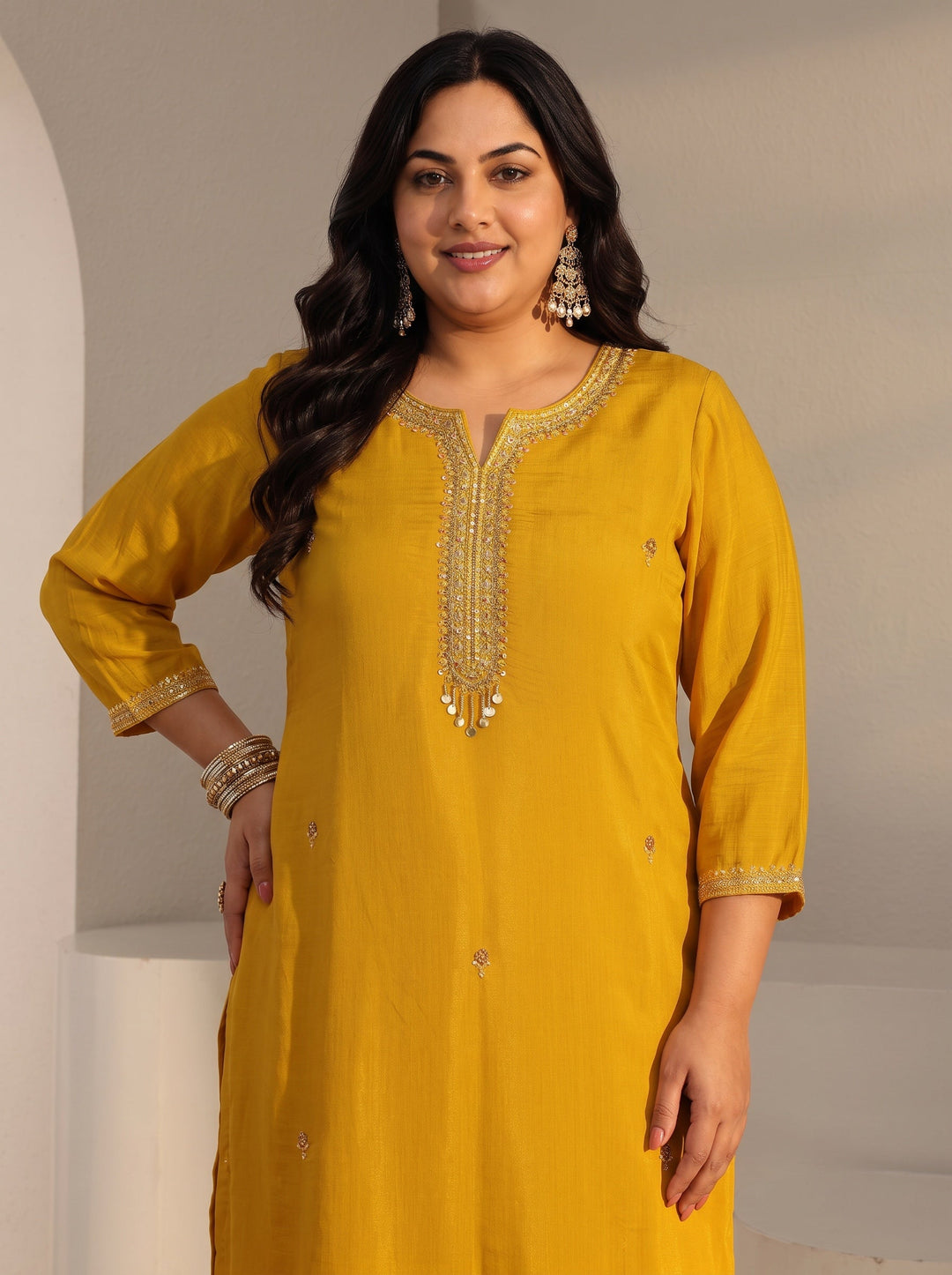  Plus Size Yellow Embellished Chanderi Silk Straight Suit Set With Dupatta 