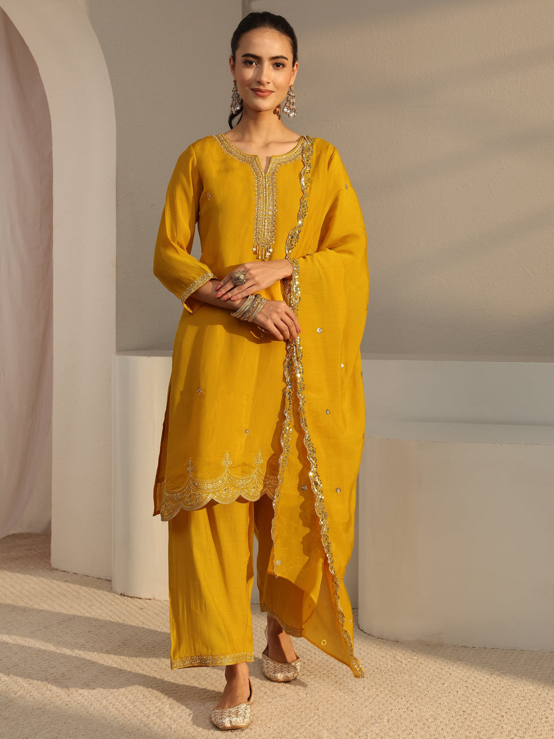  Yellow Embellished Chanderi Silk Straight Suit Set With Dupatta 
