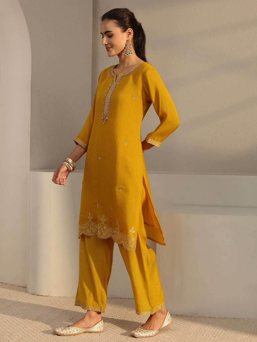  Yellow Embellished Chanderi Silk Straight Suit Set With Dupatta 