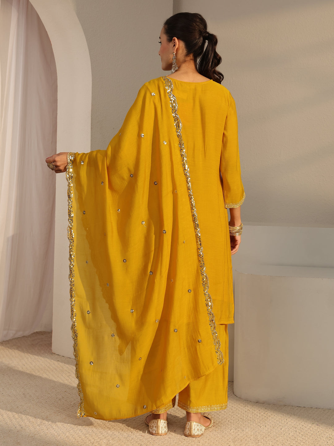  Yellow Embellished Chanderi Silk Straight Suit Set With Dupatta 