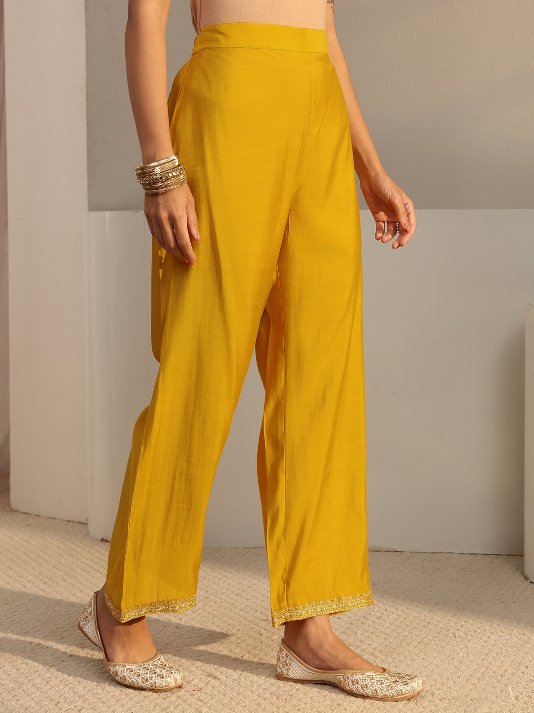  Yellow Embellished Chanderi Silk Straight Suit Set With Dupatta 