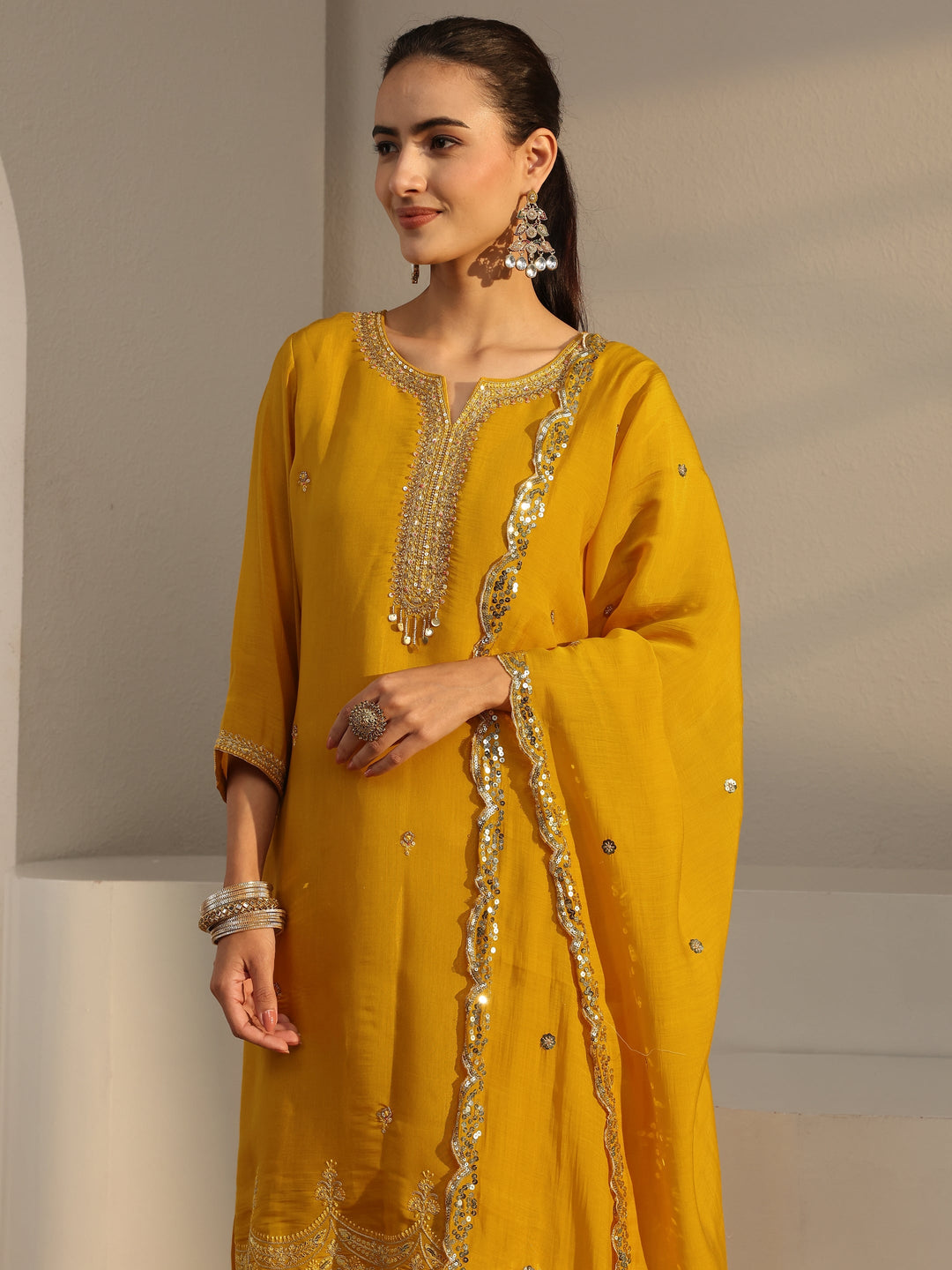  Yellow Embellished Chanderi Silk Straight Suit Set With Dupatta 