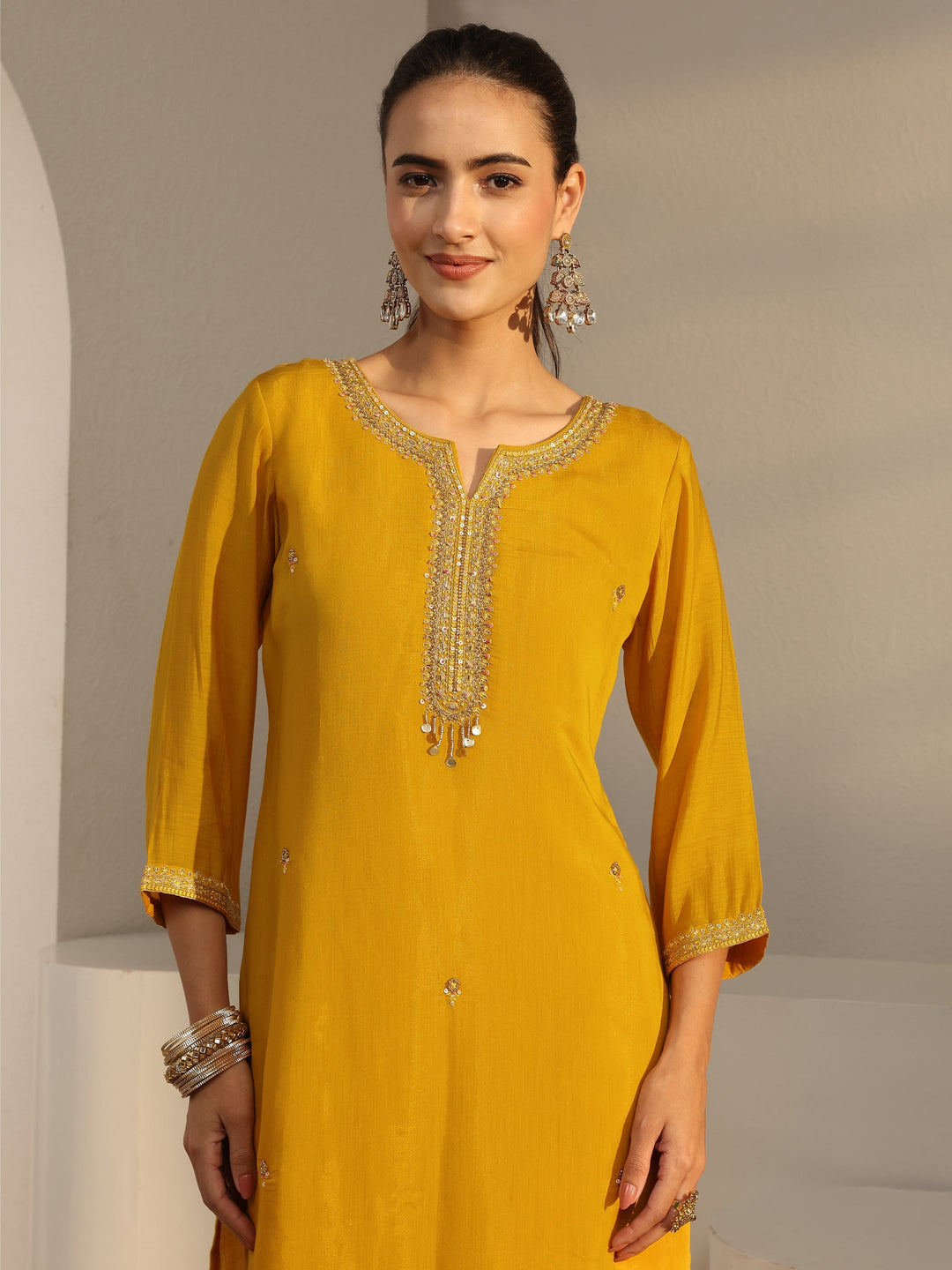  Yellow Embellished Chanderi Silk Straight Suit Set With Dupatta 