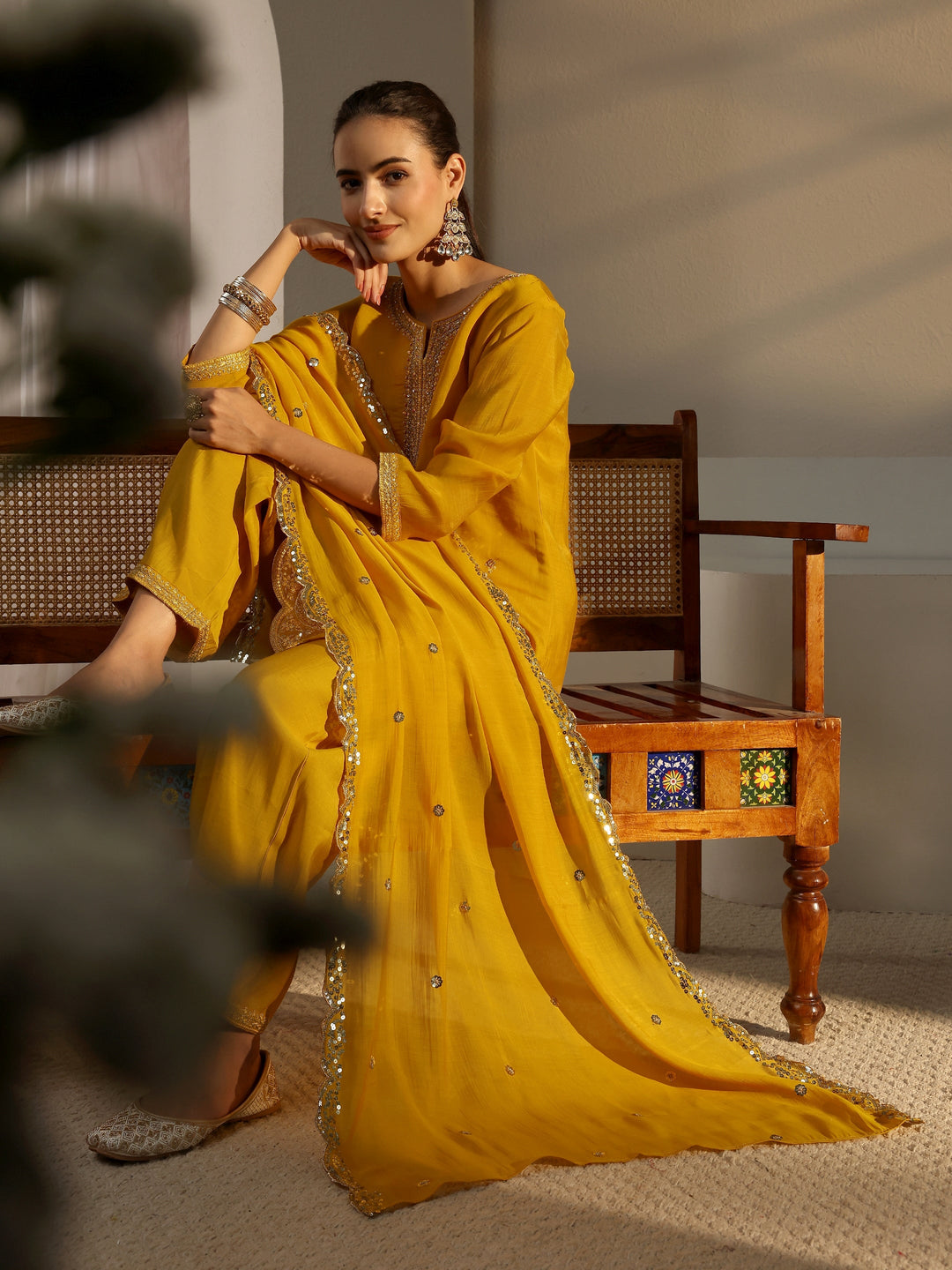  Yellow Embellished Chanderi Silk Straight Suit Set With Dupatta 