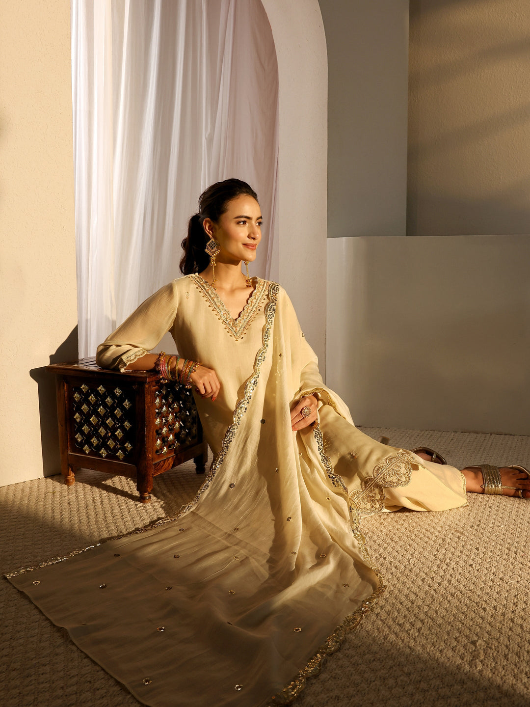  Off White Embellished Chanderi Silk Straight Suit Set With Dupatta 
