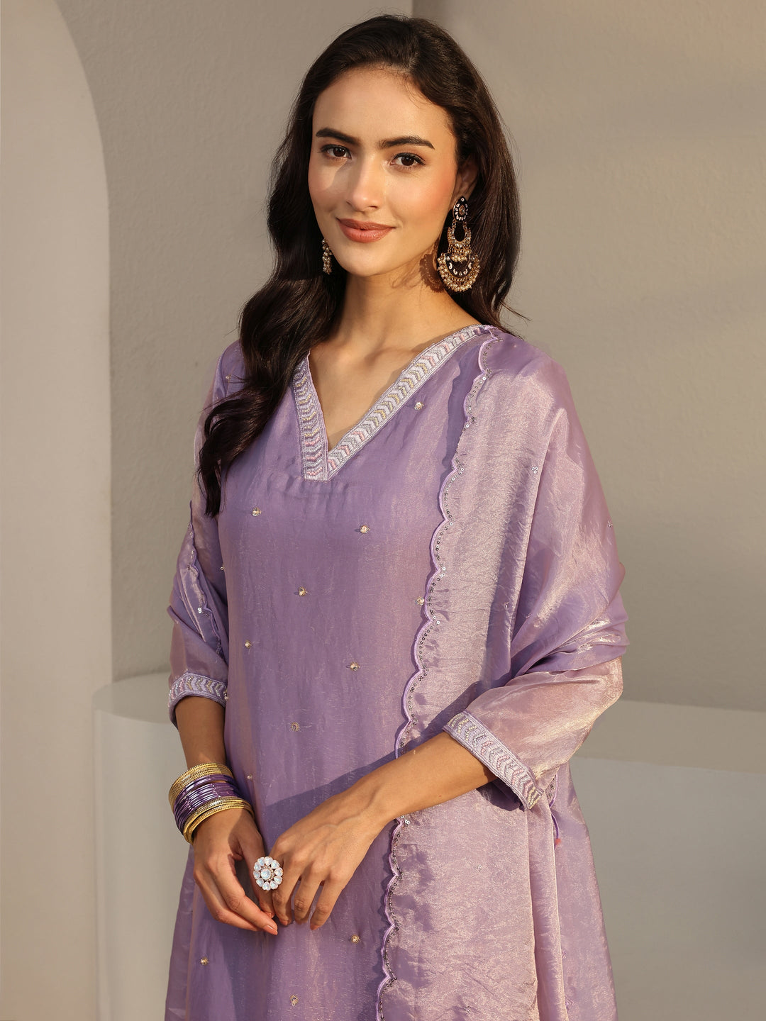  Libas Art Lavender Floral Embellished Tissue Straight Suit Set With Dupatta 