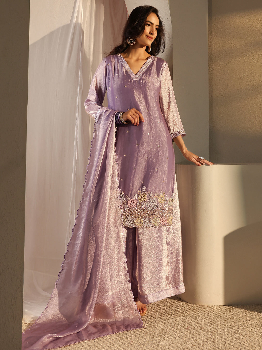  Libas Art Lavender Floral Embellished Tissue Straight Suit Set With Dupatta 