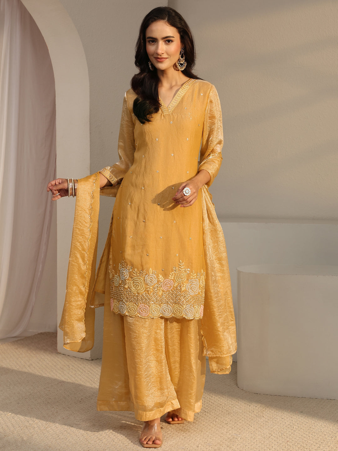  Libas Art Mustard Floral Embellished Tissue Straight Suit Set With Dupatta 