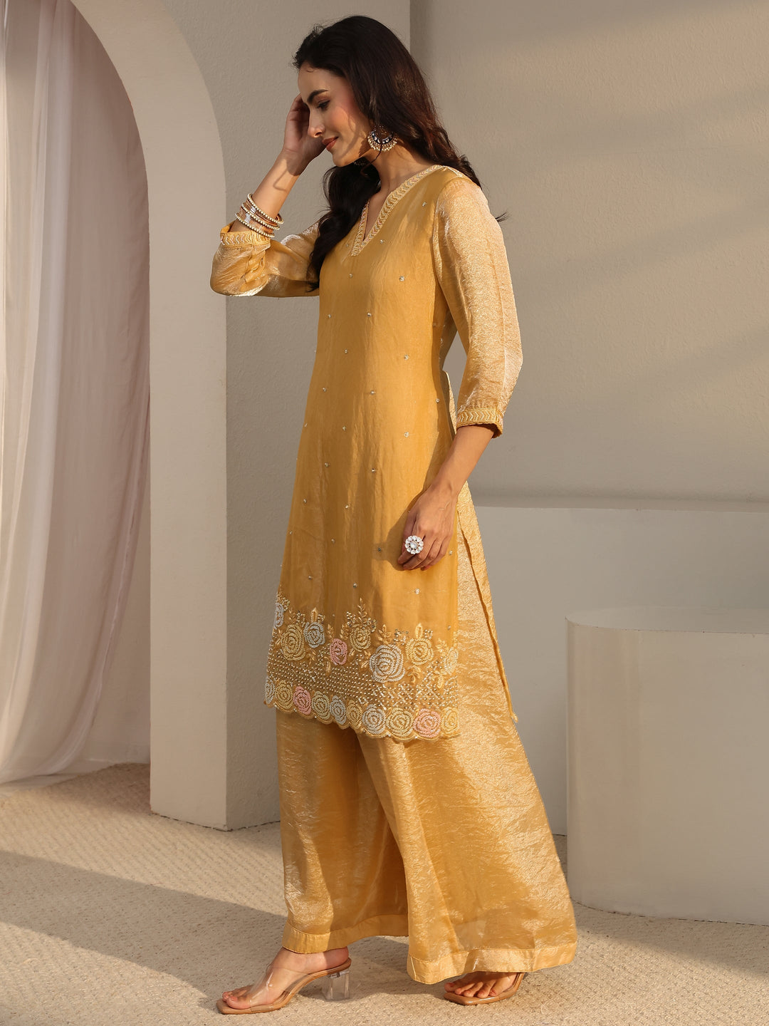  Libas Art Mustard Floral Embellished Tissue Straight Suit Set With Dupatta 