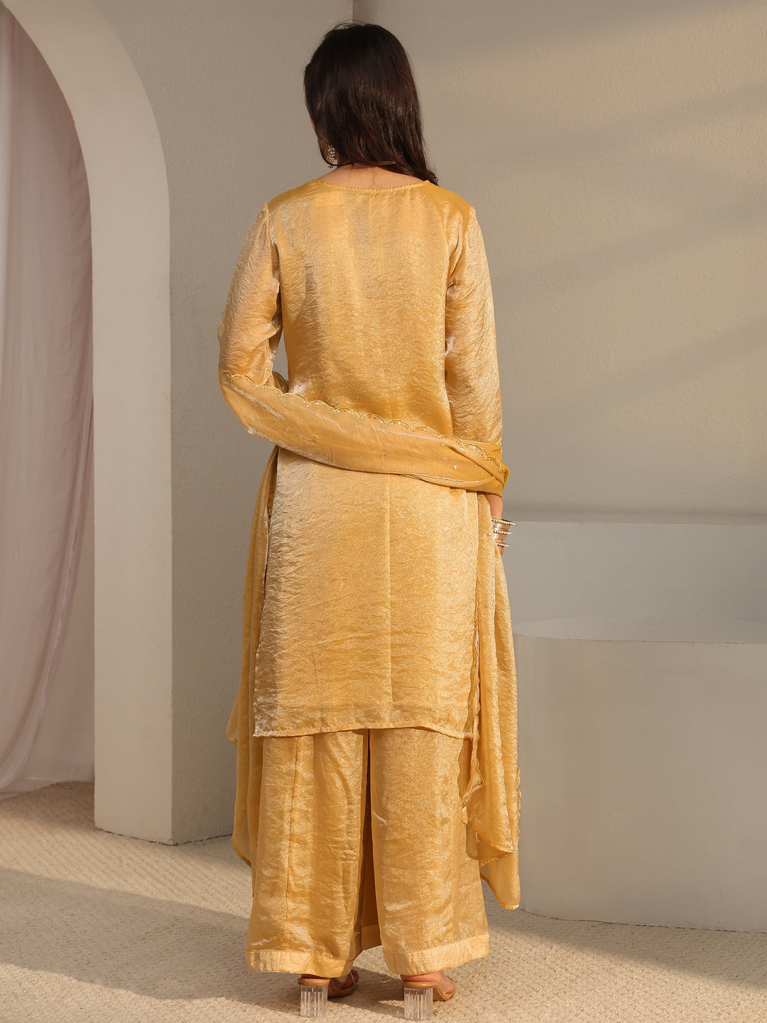  Libas Art Mustard Floral Embellished Tissue Straight Suit Set With Dupatta 