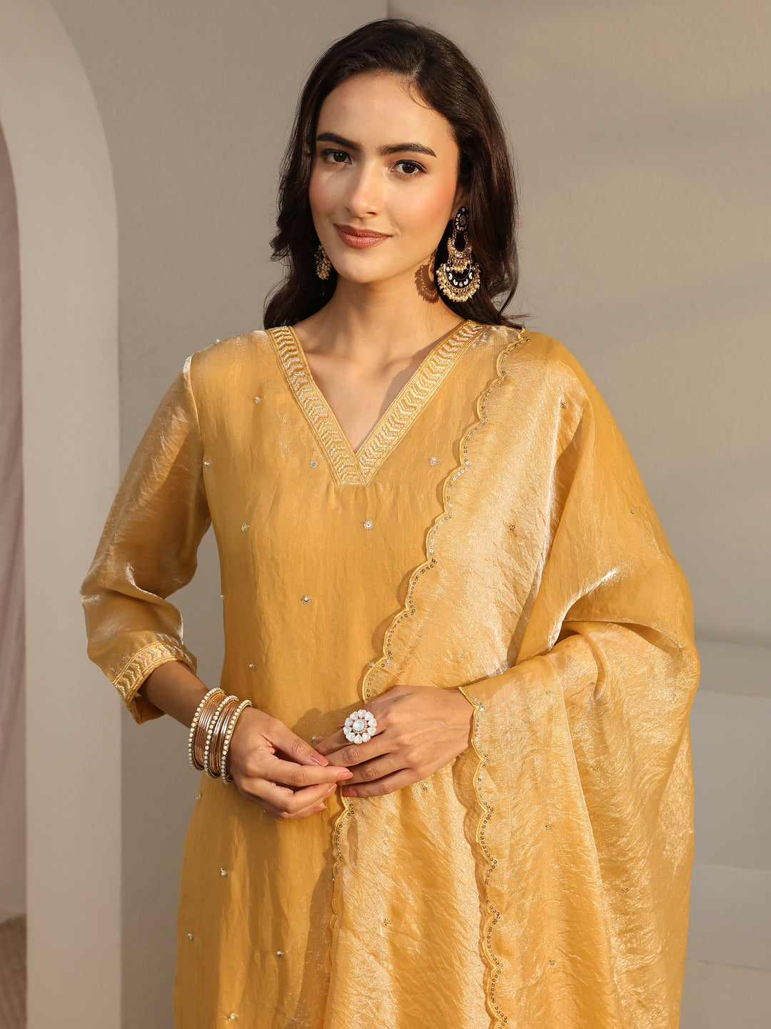  Libas Art Mustard Floral Embellished Tissue Straight Suit Set With Dupatta 