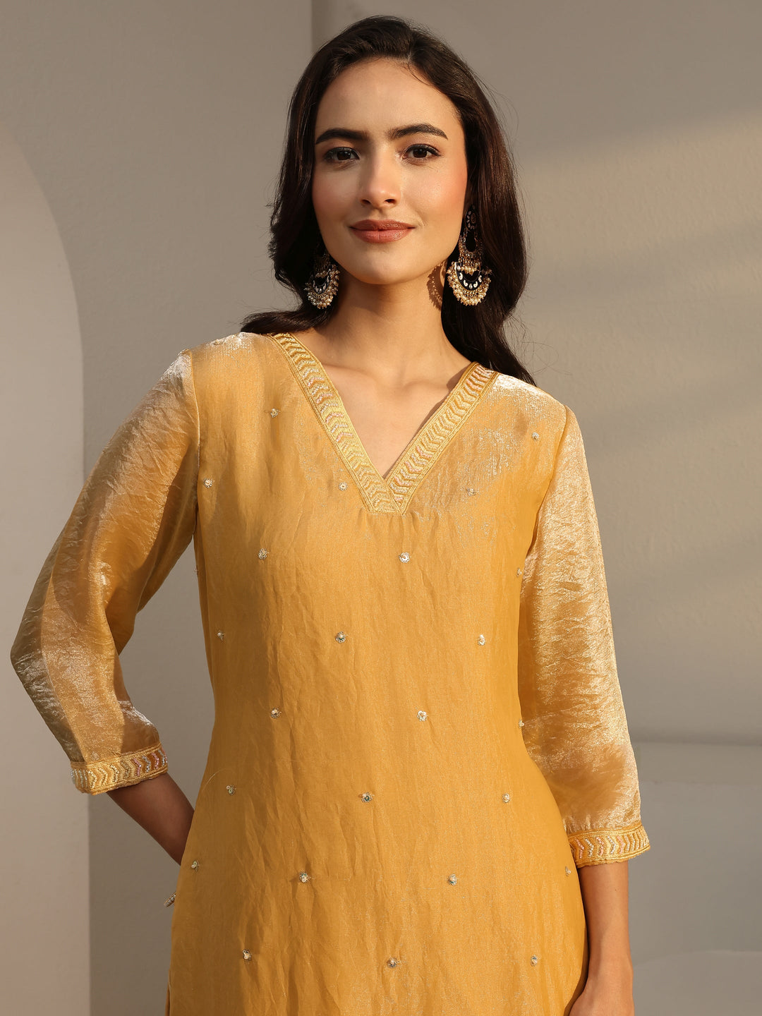  Libas Art Mustard Floral Embellished Tissue Straight Suit Set With Dupatta 