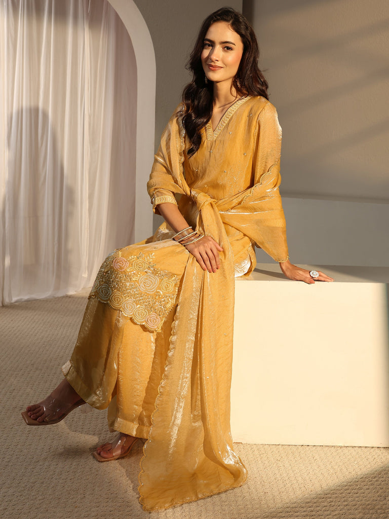 Libas Art Mustard Floral Embellished Tissue Straight Suit Set With Dupatta