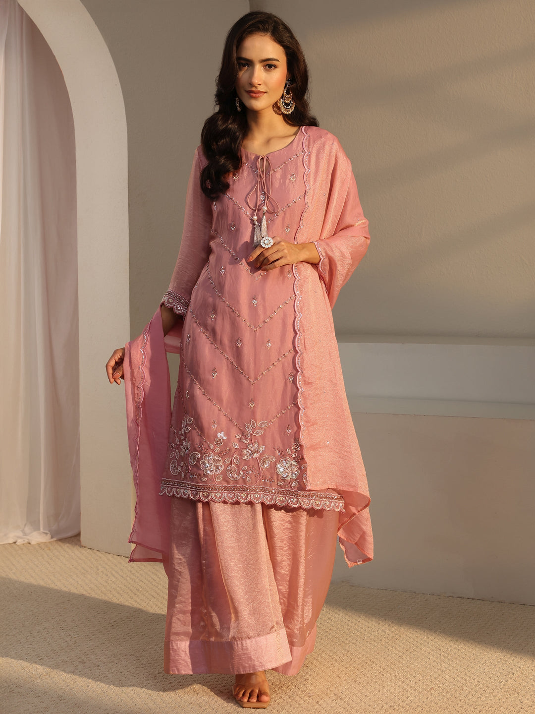  Libas Art Pink Floral Embellished Tissue Straight Suit Set With Dupatta 