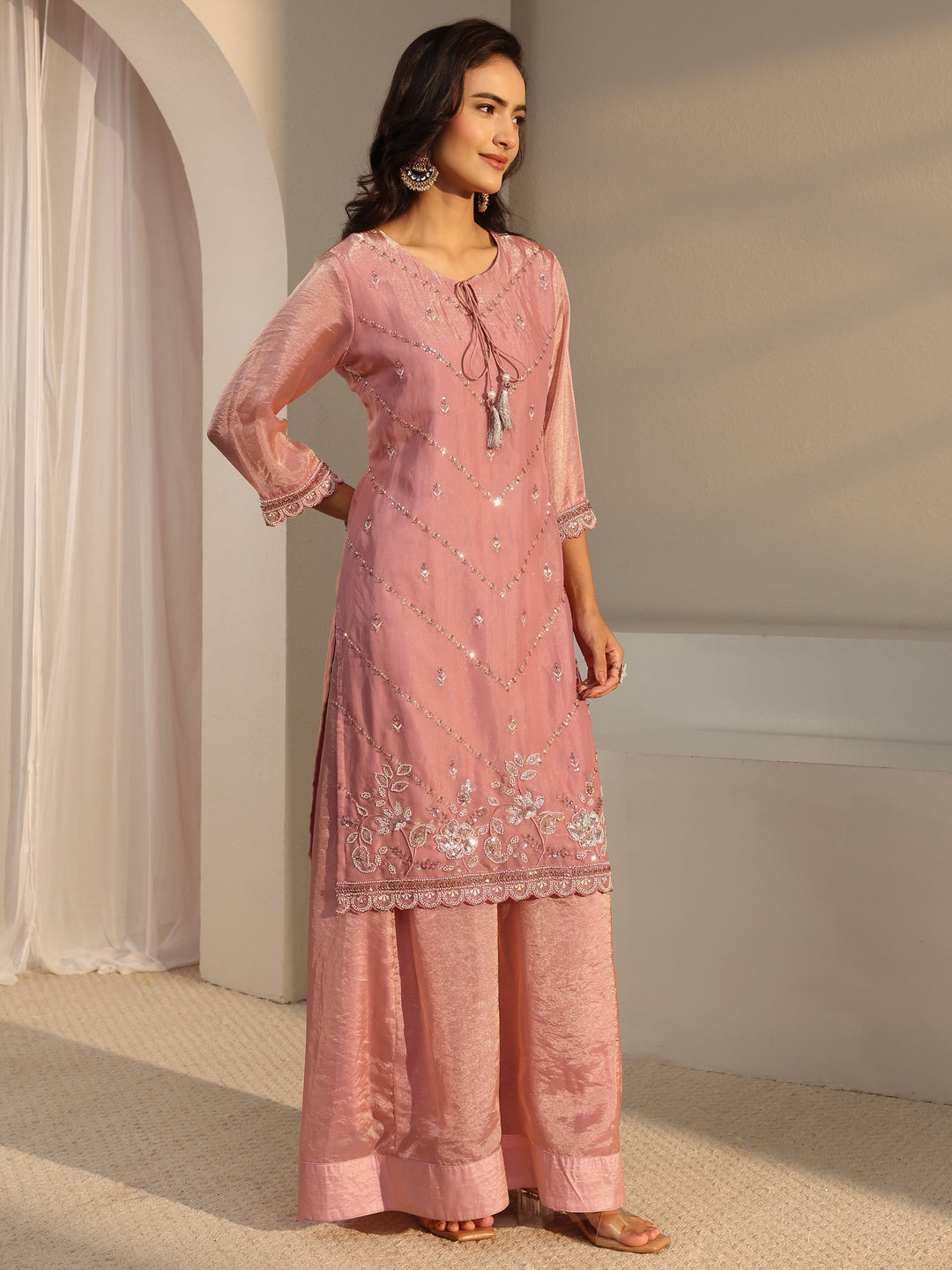  Libas Art Pink Floral Embellished Tissue Straight Suit Set With Dupatta 