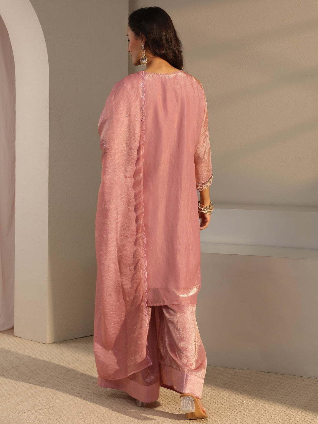  Libas Art Pink Floral Embellished Tissue Straight Suit Set With Dupatta 