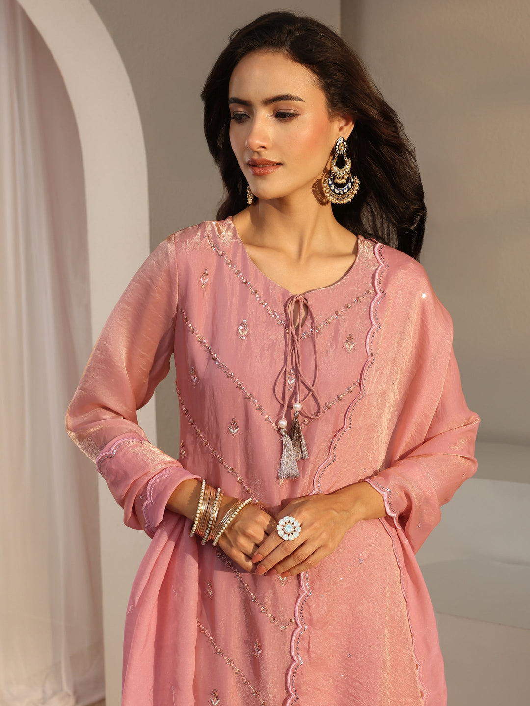  Libas Art Pink Floral Embellished Tissue Straight Suit Set With Dupatta 