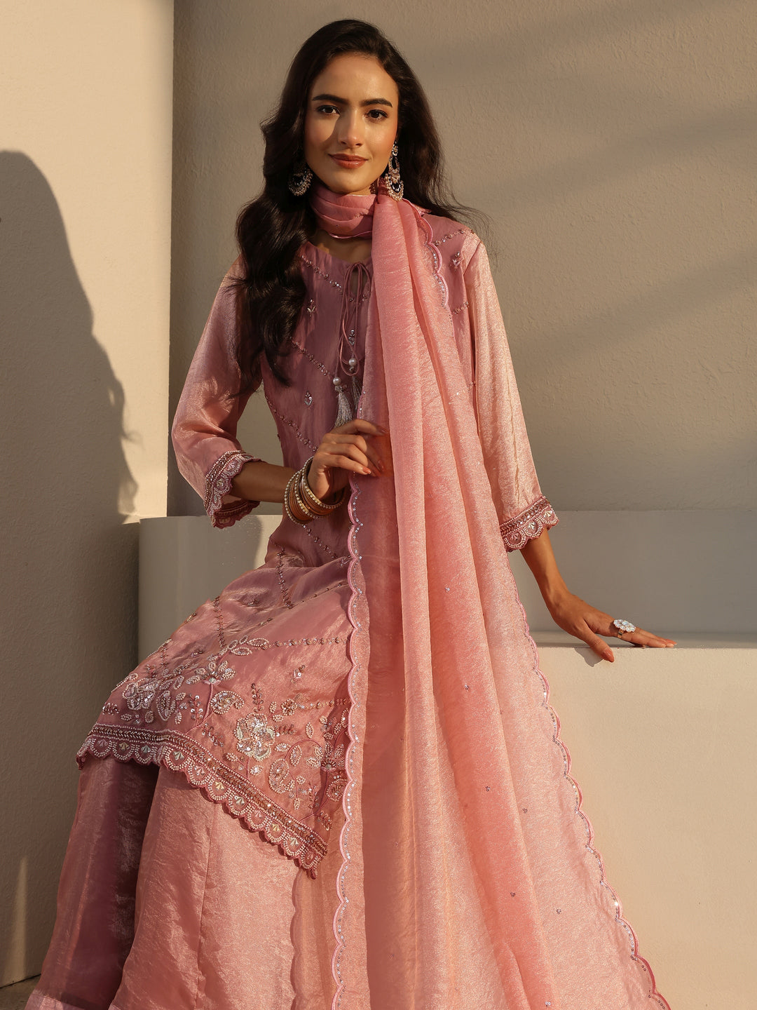  Libas Art Pink Floral Embellished Tissue Straight Suit Set With Dupatta 