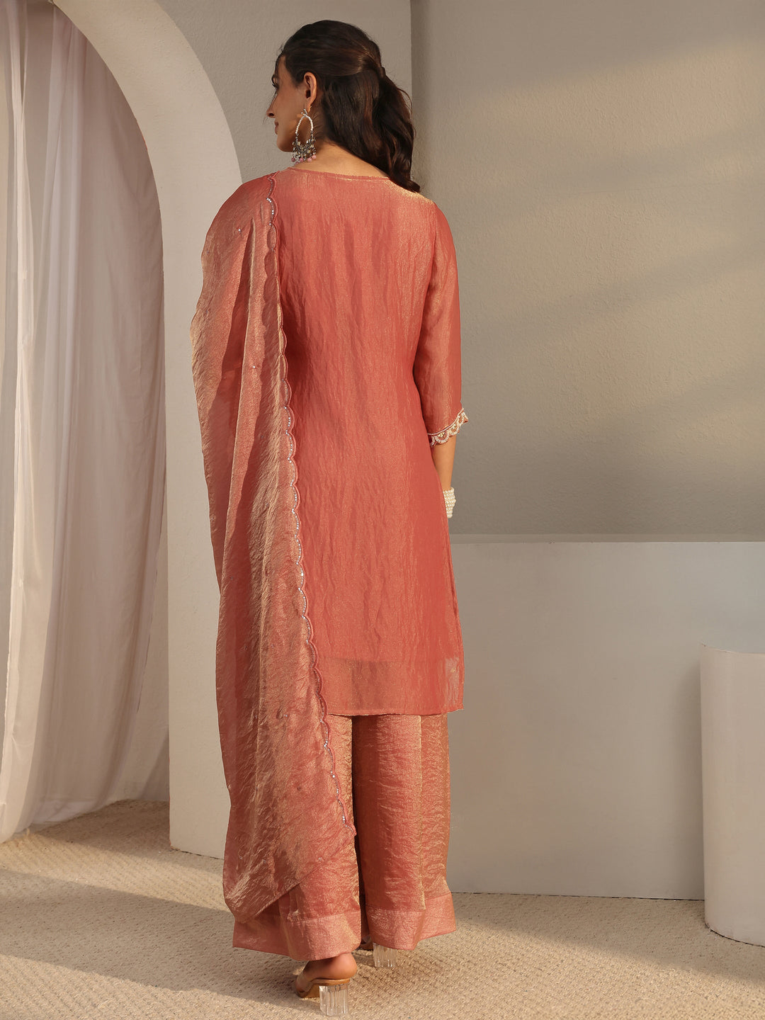  Libas Art Rust Embellished Tissue Palazzo Suit Set With Dupatta 