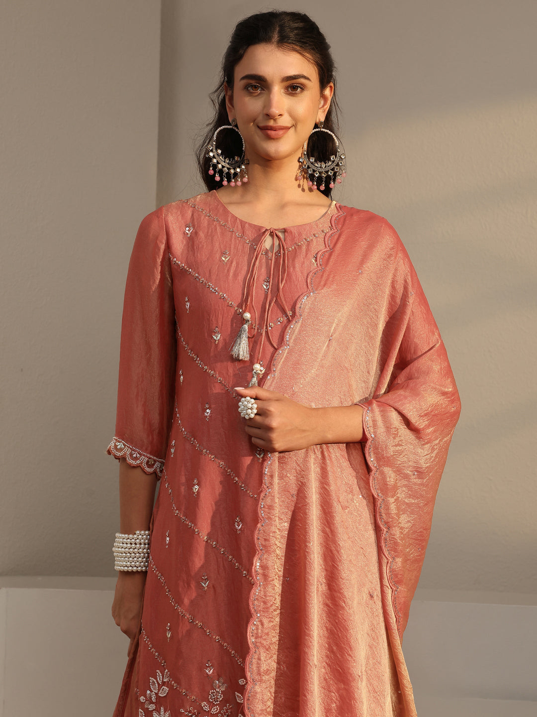  Libas Art Rust Embellished Tissue Palazzo Suit Set With Dupatta 