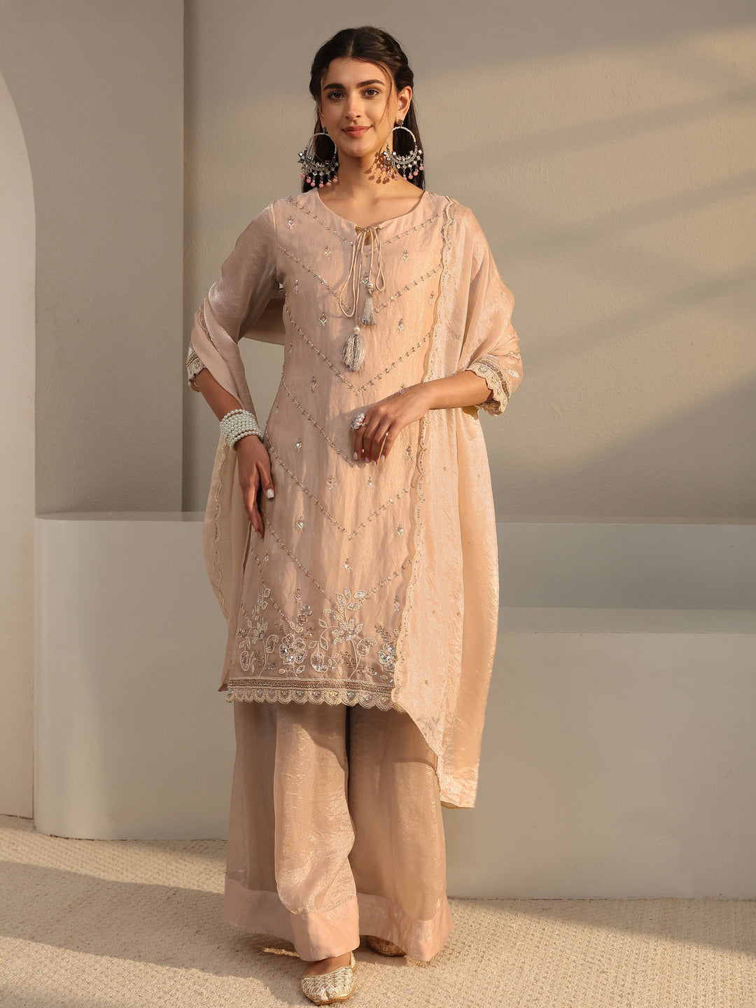  Libas Art Beige Embellished Tissue Palazzo Suit Set With Dupatta 