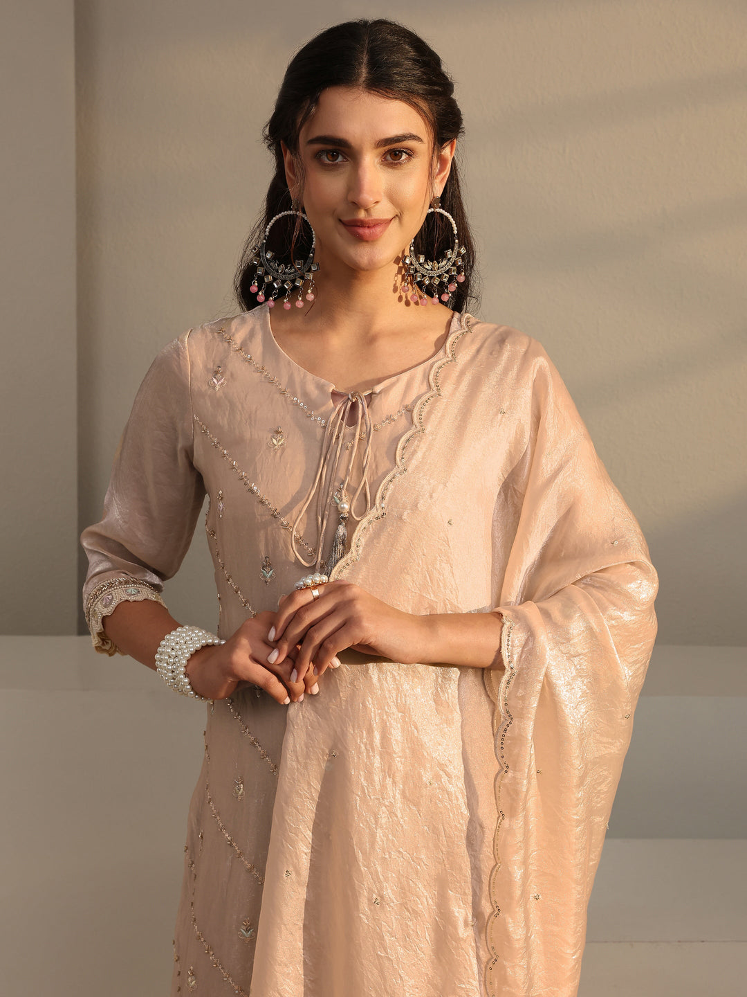  Libas Art Beige Embellished Tissue Palazzo Suit Set With Dupatta 