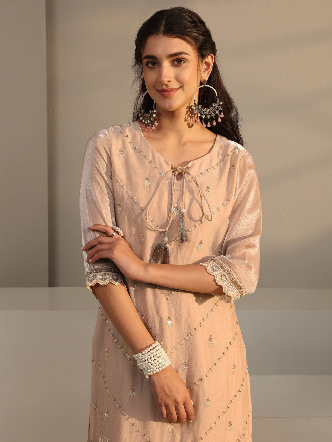  Libas Art Beige Embellished Tissue Palazzo Suit Set With Dupatta 