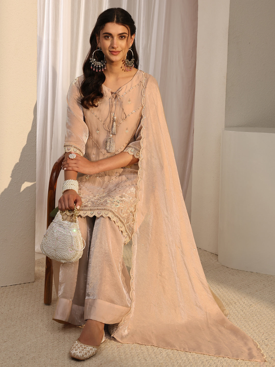  Libas Art Beige Embellished Tissue Palazzo Suit Set With Dupatta 
