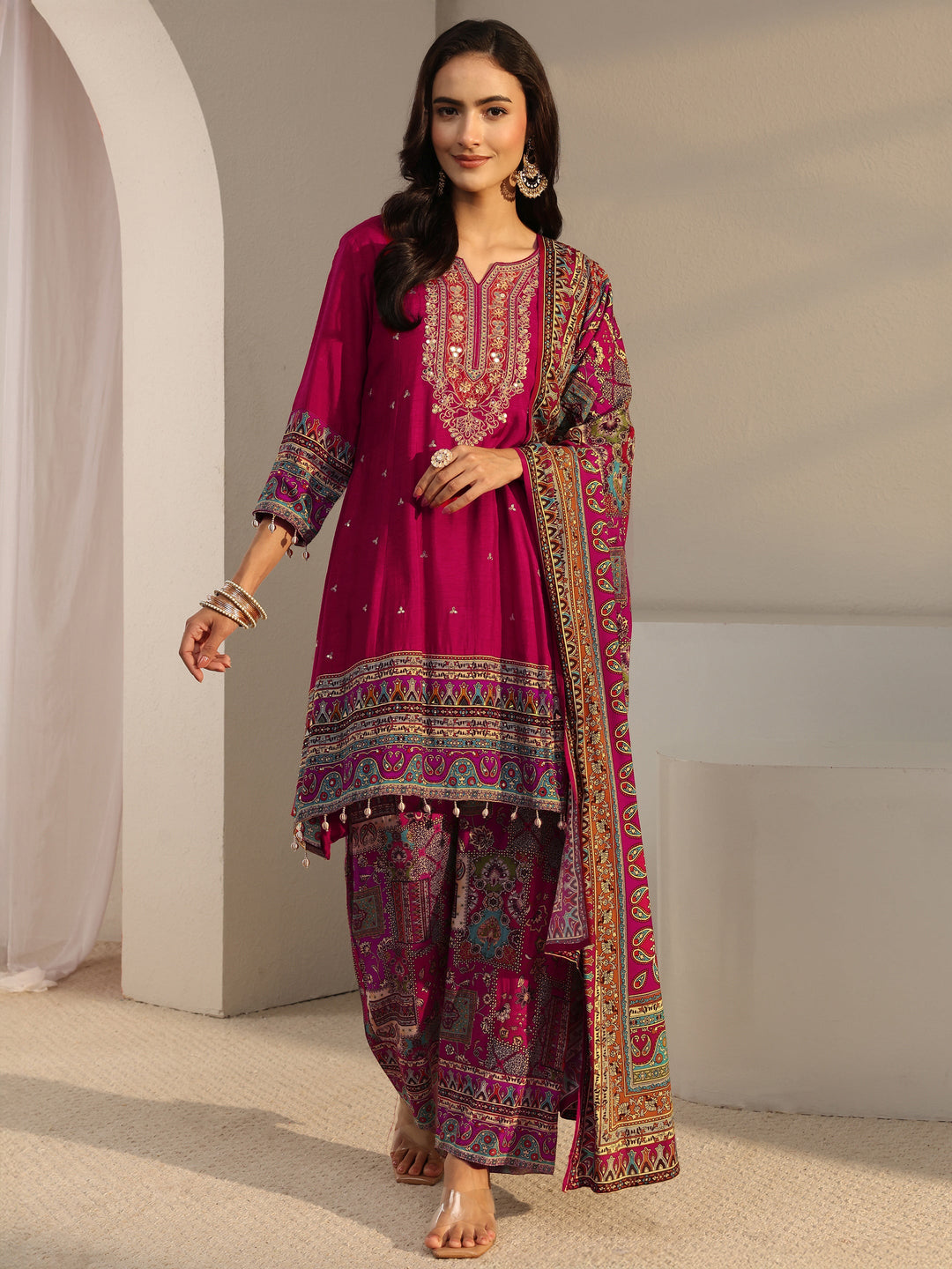  Libas Art Red Ethnic Printed Silk Blend A-Line Suit Set With Dupatta 