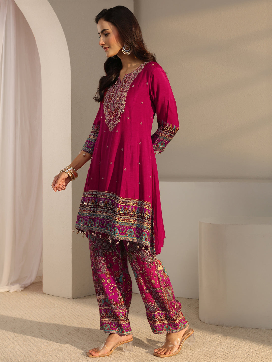  Libas Art Red Ethnic Printed Silk Blend A-Line Suit Set With Dupatta 