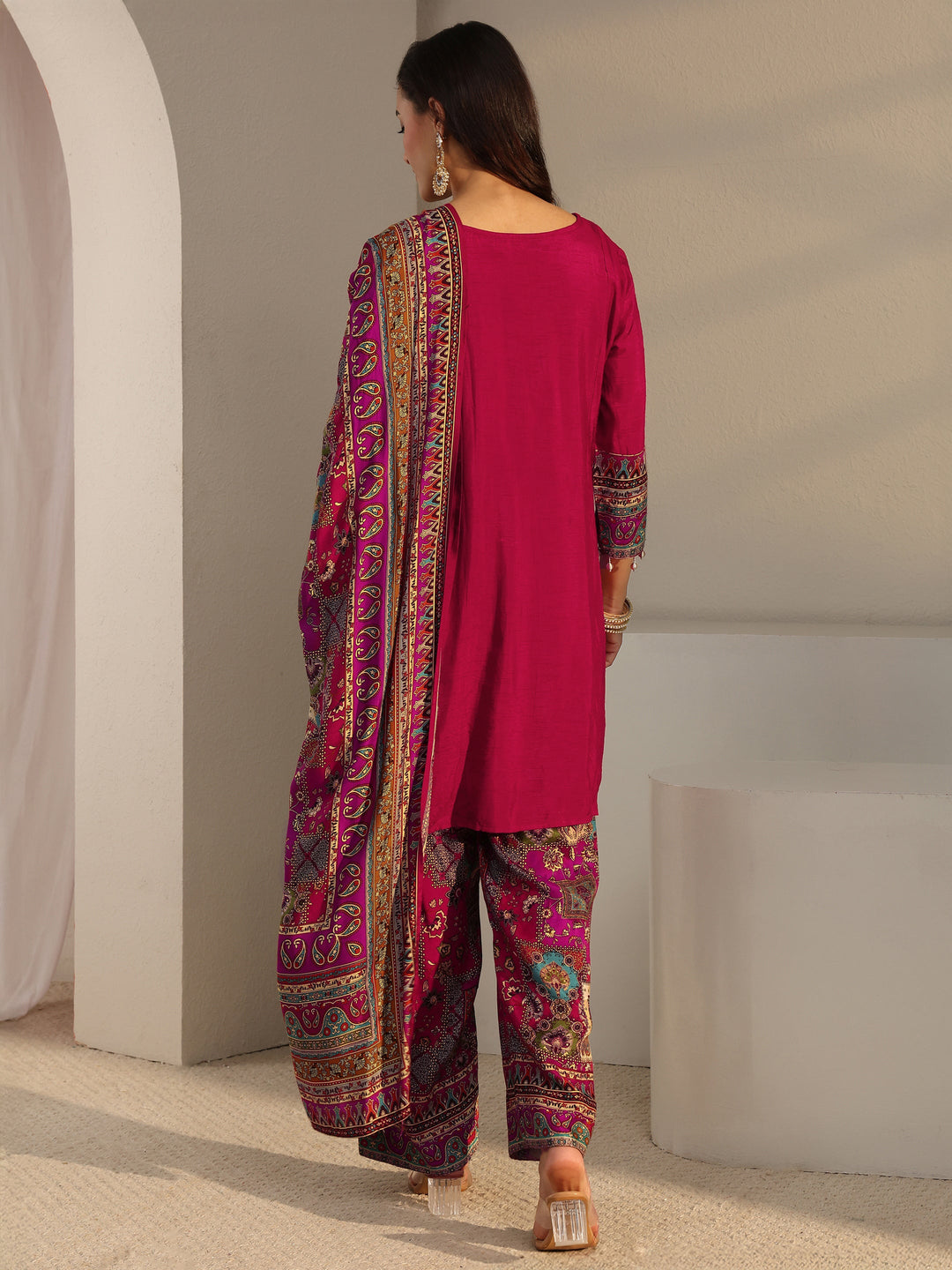  Libas Art Red Ethnic Printed Silk Blend A-Line Suit Set With Dupatta 