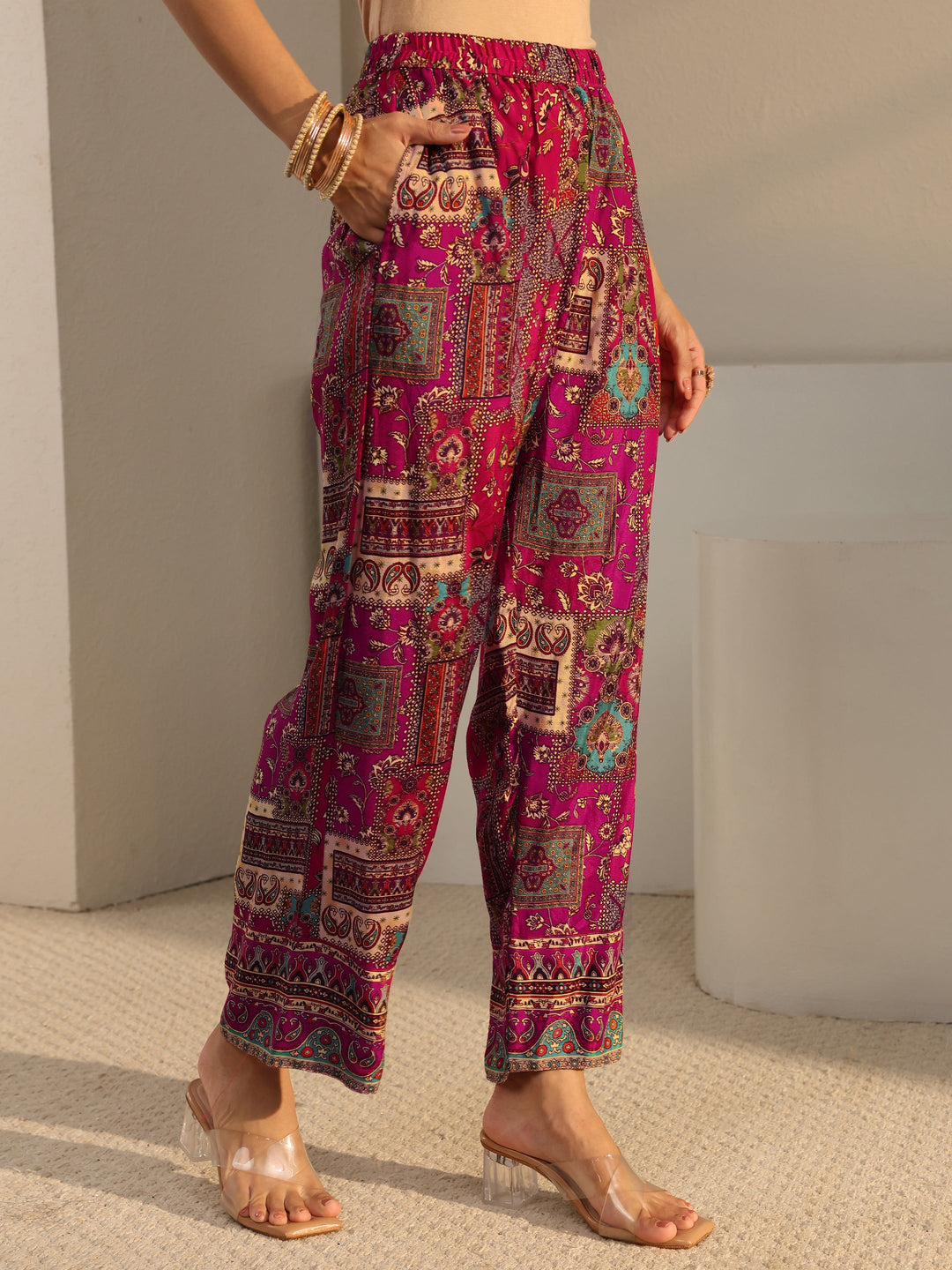  Libas Art Red Ethnic Printed Silk Blend A-Line Suit Set With Dupatta 
