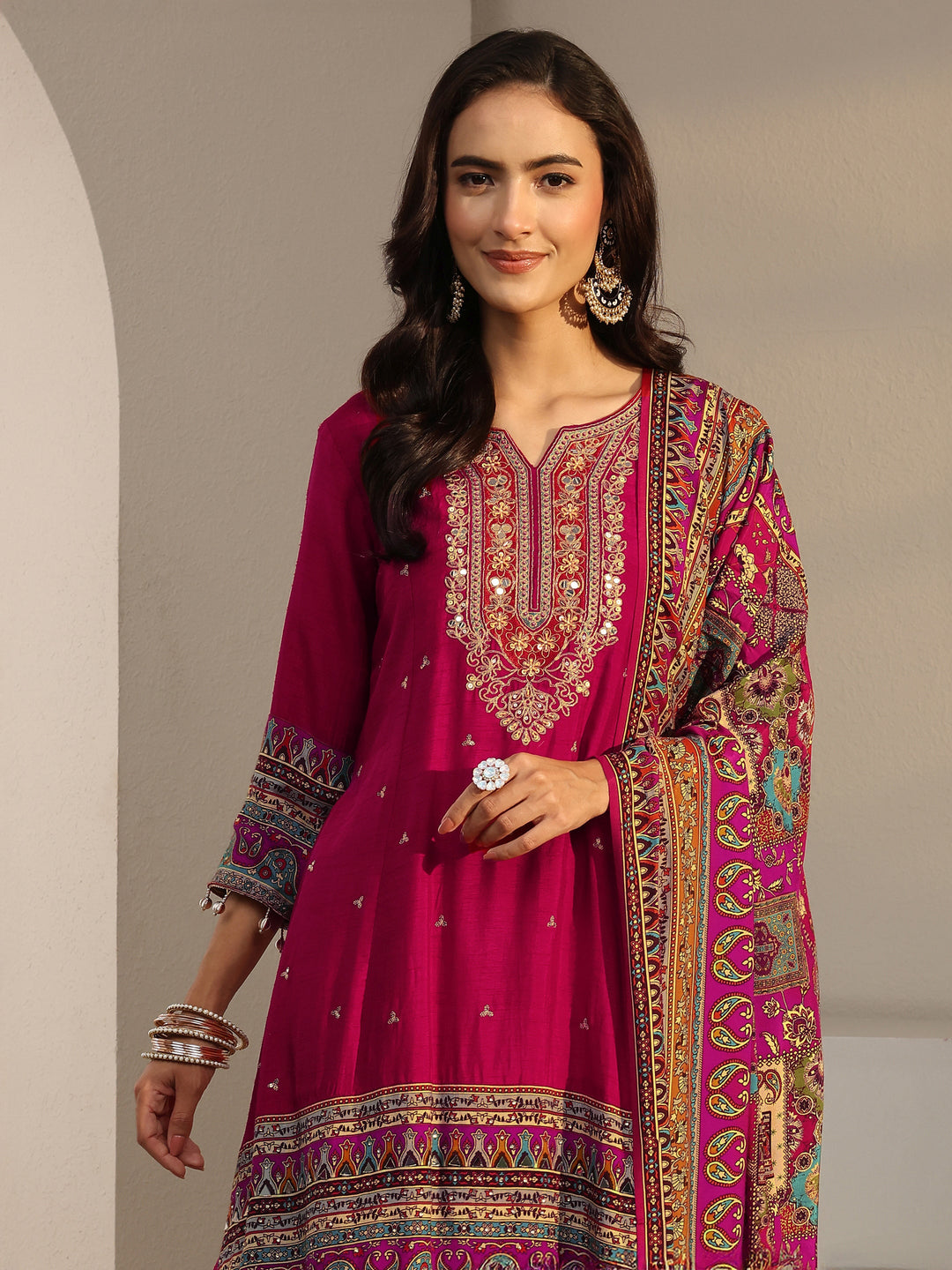  Libas Art Red Ethnic Printed Silk Blend A-Line Suit Set With Dupatta 