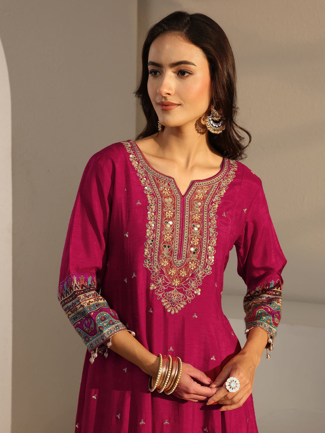  Libas Art Red Ethnic Printed Silk Blend A-Line Suit Set With Dupatta 