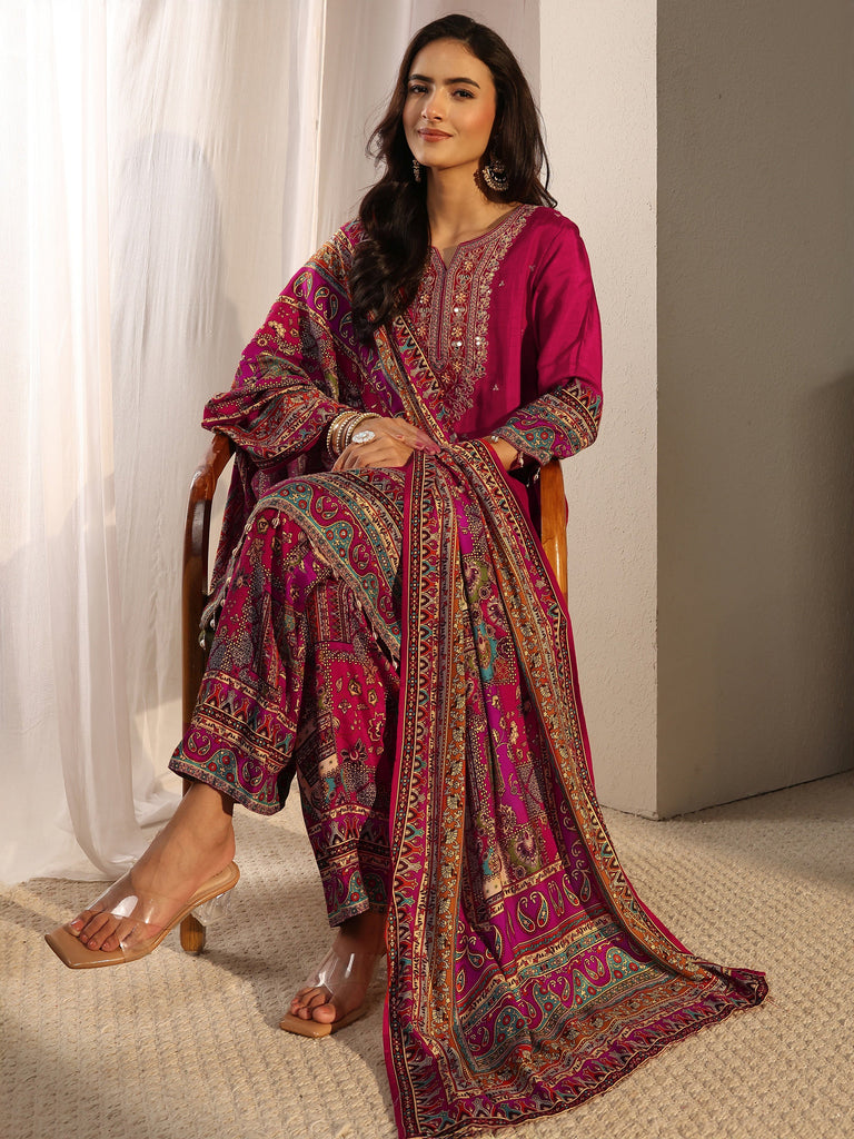 Libas Art Red Ethnic Printed Silk Blend A-Line Suit Set With Dupatta