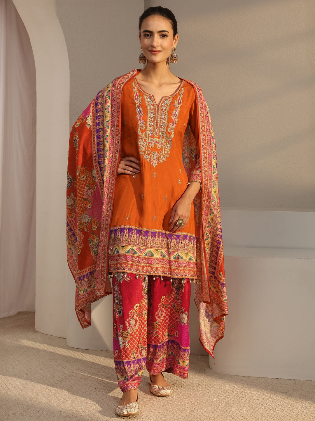  Libas Art Orange Ethnic Printed Silk Blend A-Line Suit Set With Dupatta 