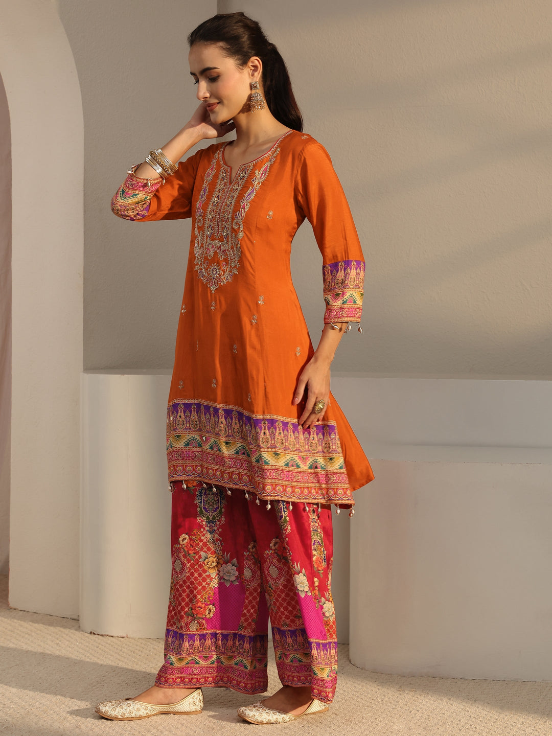  Libas Art Orange Ethnic Printed Silk Blend A-Line Suit Set With Dupatta 