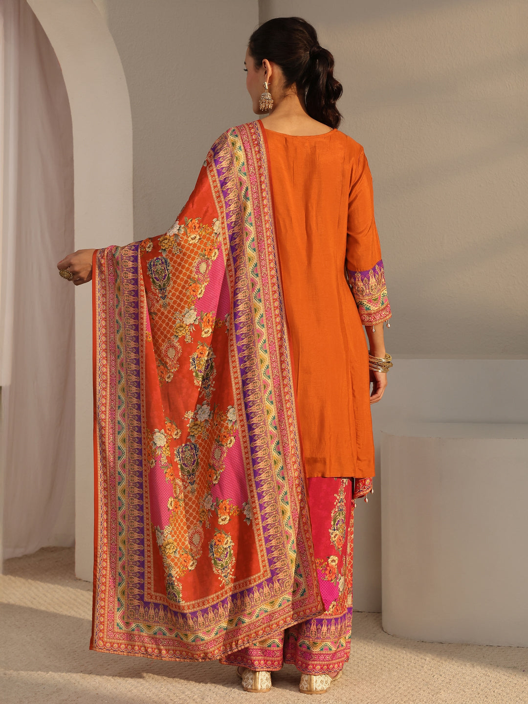  Libas Art Orange Ethnic Printed Silk Blend A-Line Suit Set With Dupatta 