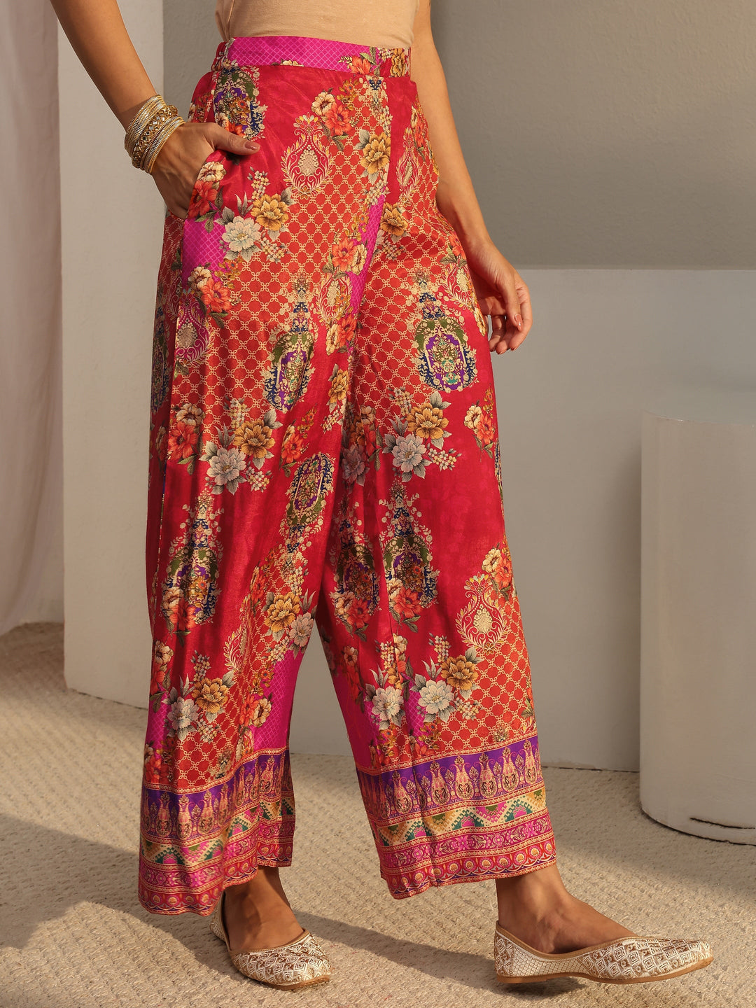  Libas Art Orange Ethnic Printed Silk Blend A-Line Suit Set With Dupatta 