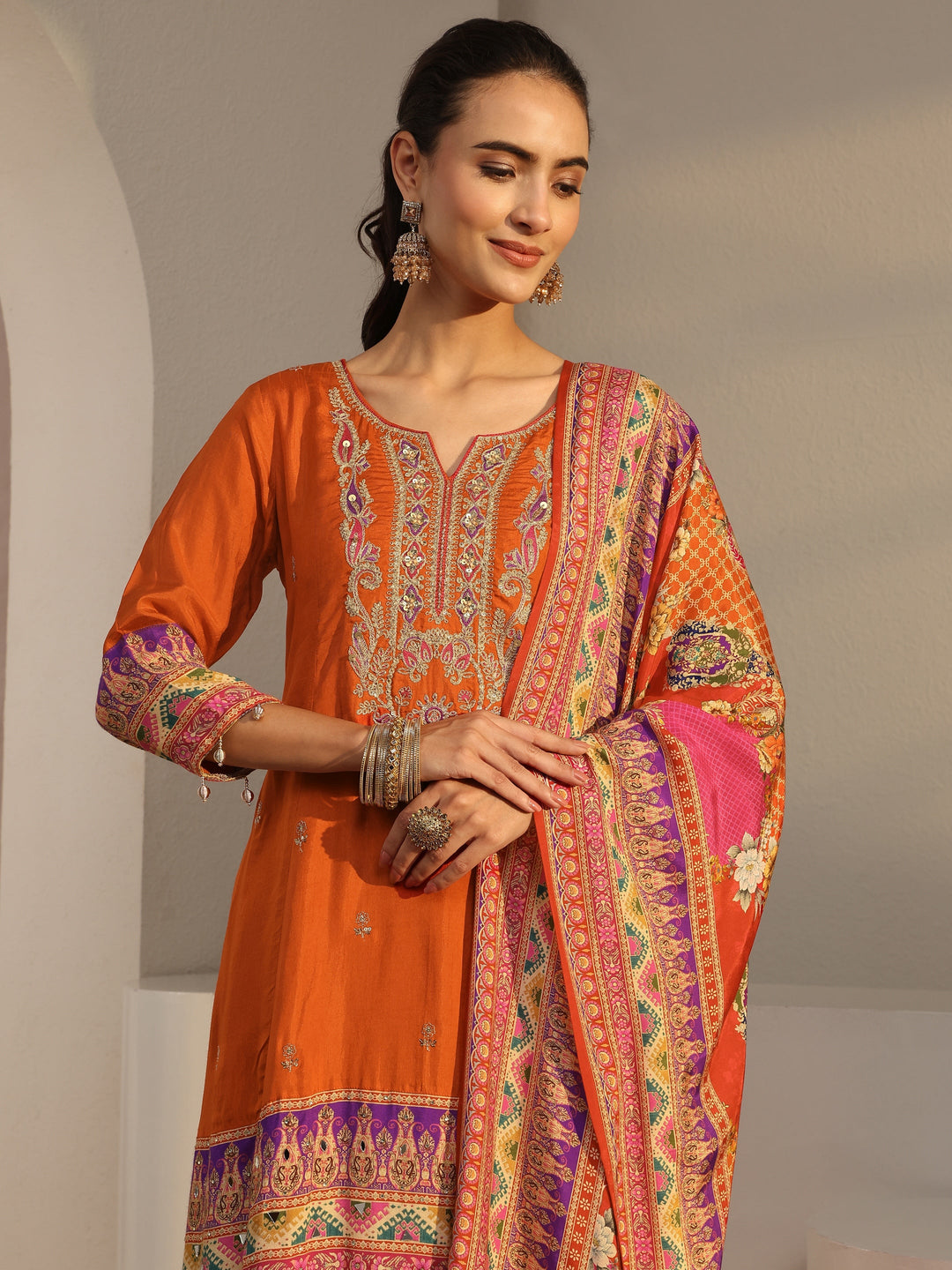  Libas Art Orange Ethnic Printed Silk Blend A-Line Suit Set With Dupatta 