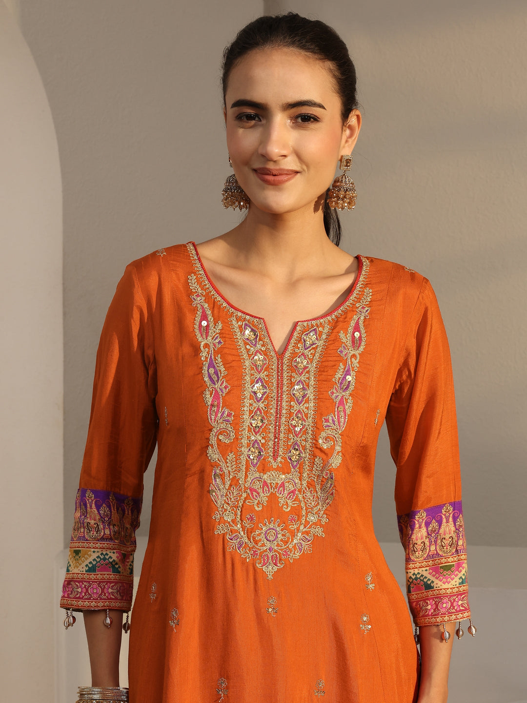  Libas Art Orange Ethnic Printed Silk Blend A-Line Suit Set With Dupatta 