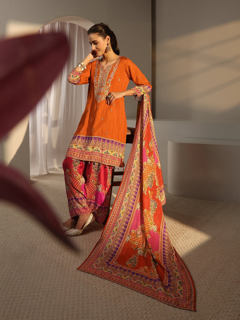 Libas Art Orange Ethnic Printed Silk Blend A-Line Suit Set With Dupatta