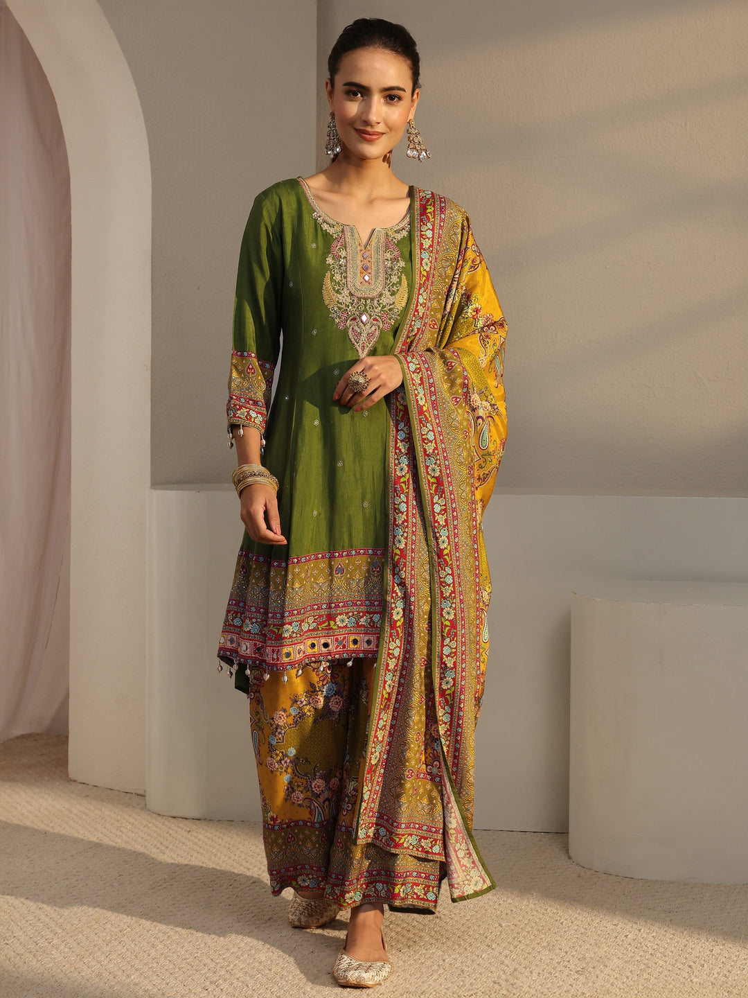  Libas Art Green Ethnic Printed Silk Blend A-Line Suit Set With Dupatta 