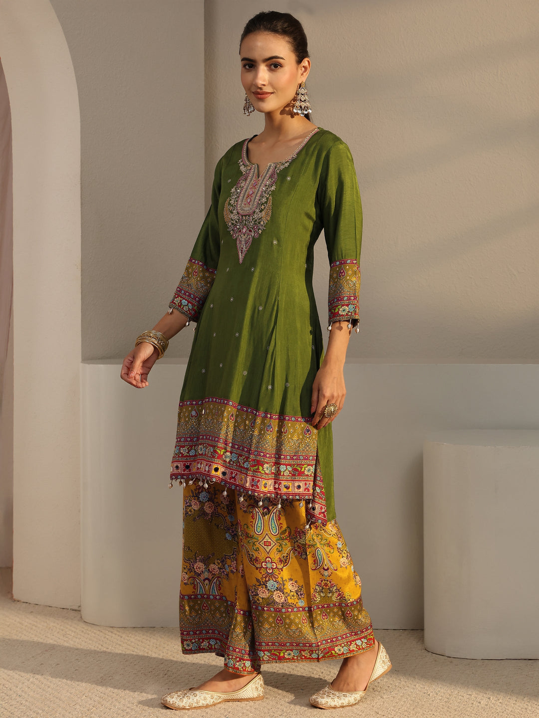  Libas Art Green Ethnic Printed Silk Blend A-Line Suit Set With Dupatta 